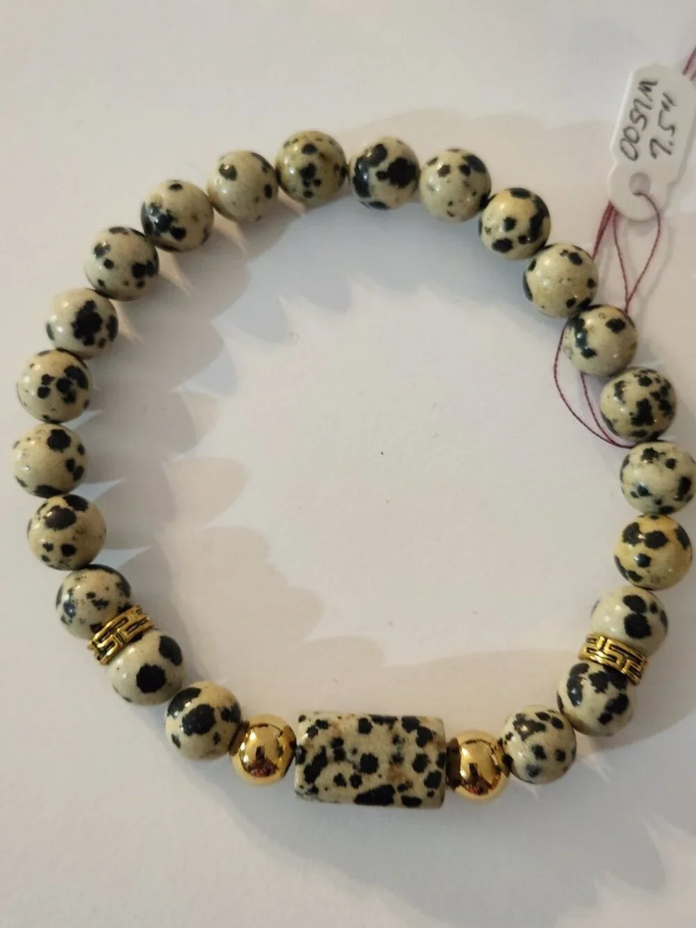 Hand Crafted Dalmatian Jasper Stretch Bracelet With Gold Accents Black Beige
